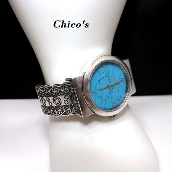 Chico's Cuff Watch, Turquoise Face, Silver Tone Engraved Band, Japanese Movement - Picture 1 of 12